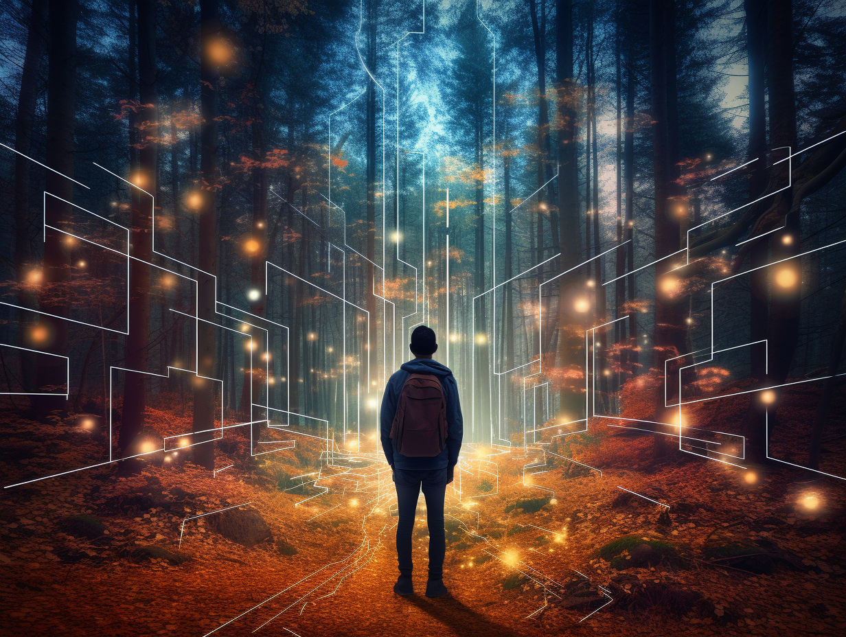 A traveler standing at a crossroads in a forest made of circuit trees and digital pathways