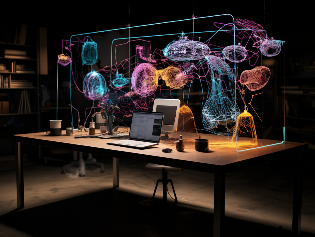 A virtual workspace or crafting table with digital elements being molded and shaped.